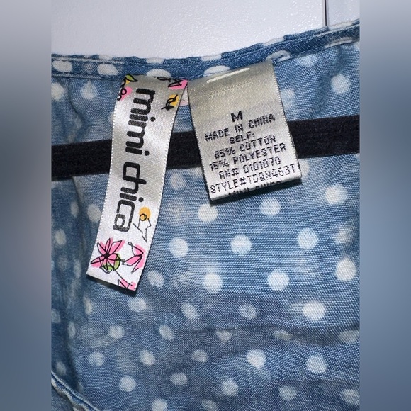 Mimi Chica | Sleeveless Medium Dotted Button Down Tank Top Faux Denim Tie Front - Picture 6 of 7